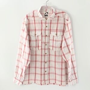 Mountain Khaki Men Shirt Button Down Plaid Long Sleeve Cream Red Sz L